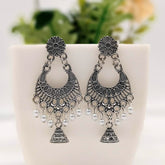 Drop White Beads & Jhumka Silver Classic Oxidised Earrings